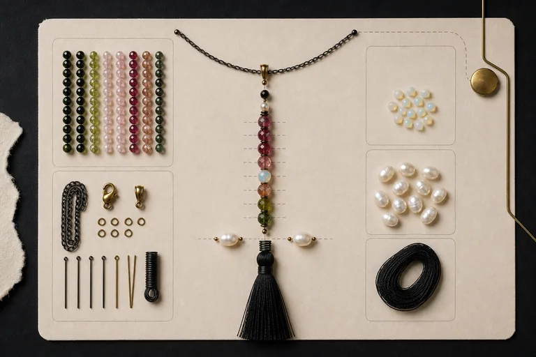A jewelry design plan arranged beside prepared components