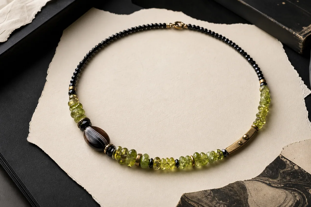 Finished green stone collar arranged on a dark jewelry work surface